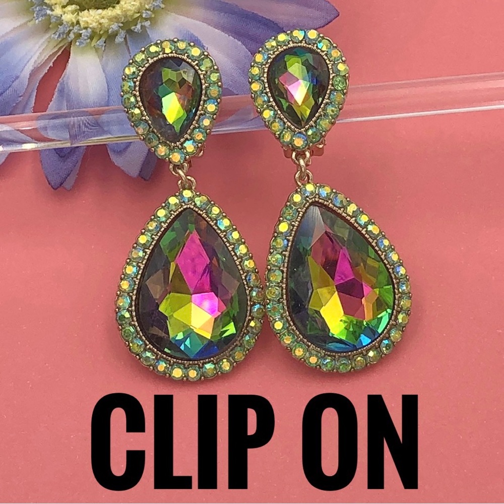 Rainbow Rhinestone Dangle Clip On Earrings